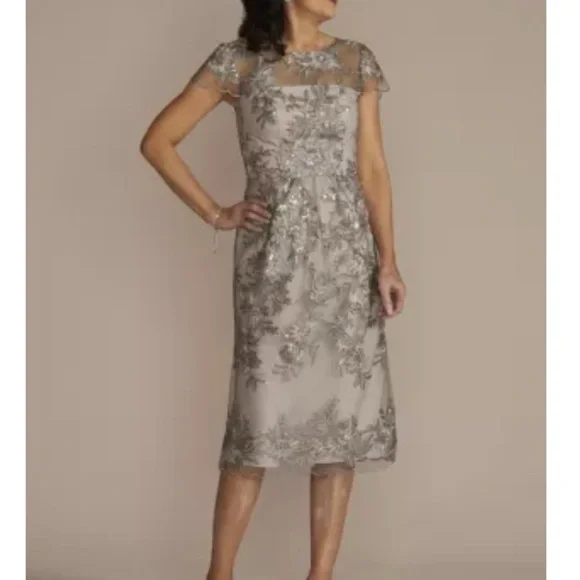 NWT Oleg Cassini Stunning Silver Floral Dress - Picture 1 of 5